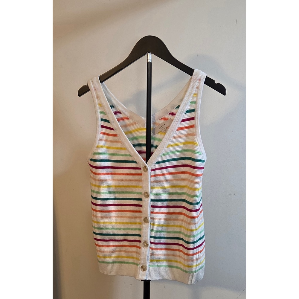 Loft Sleeveless Knit Striped Button Up Tank Top Women's Size Medium Multicolor